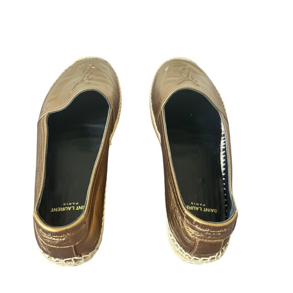 Saint Laurent Logo Embossed Espadrille Flats Gold Bronze Leather YSL Size 37.5 - Picture 6 of 11